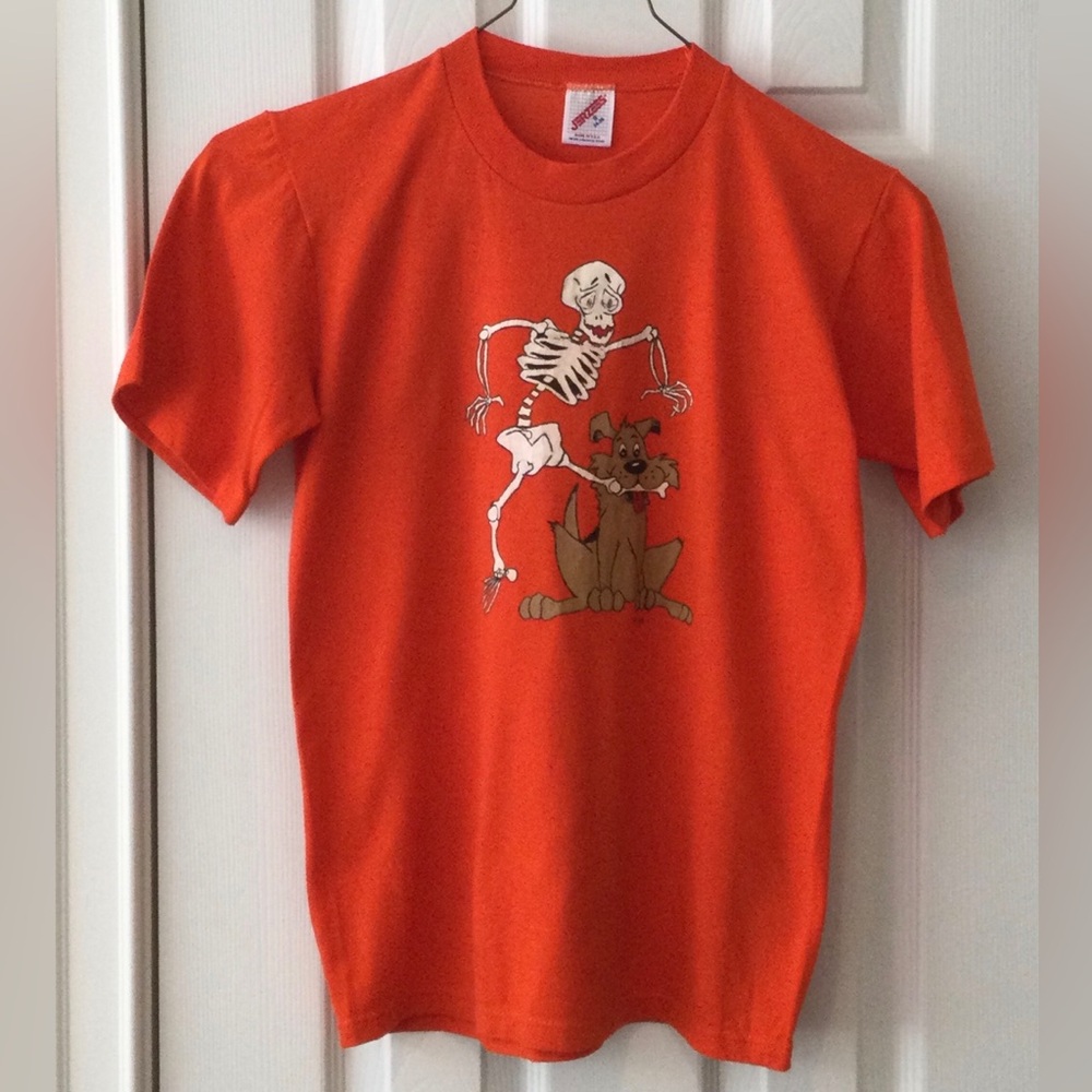 Jerzees Adult Size Small Vintage Orange Handpainted Skeleton w/Dog Graphic Tee